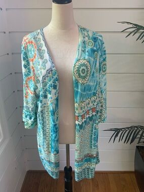 Plus Size Chico's Aqua Teal Patterned Open Front Cardigan Chico’s Size 3 (16-18)